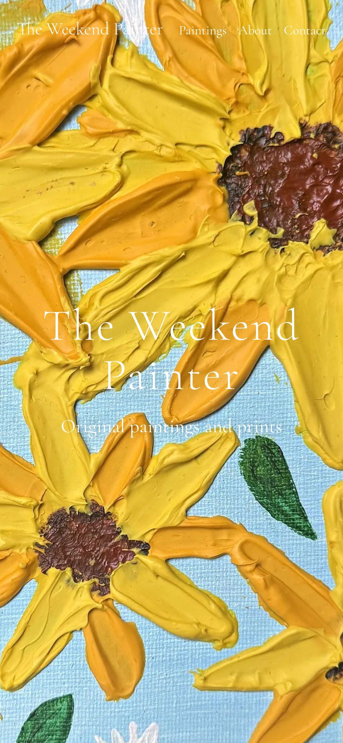 The home page on a phone, with the sunflower painting filling the screen