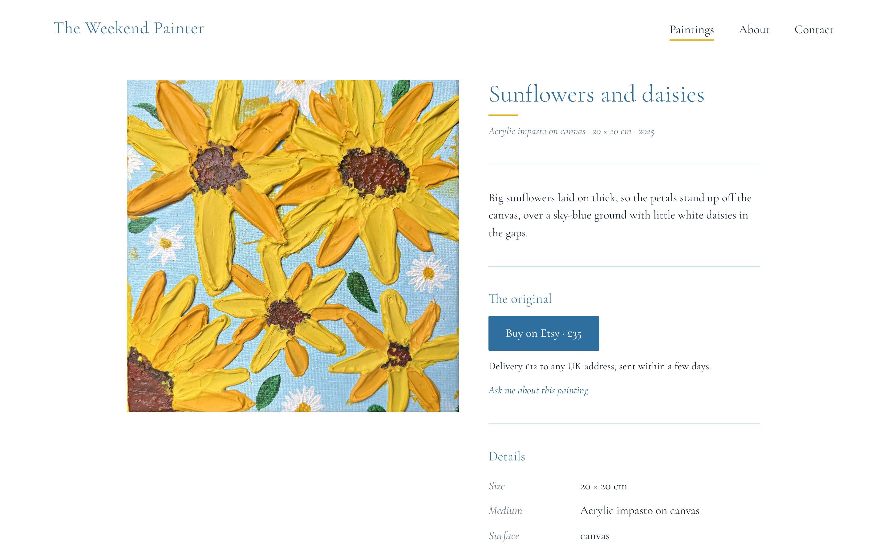 A painting's page, with its description, Etsy button and details