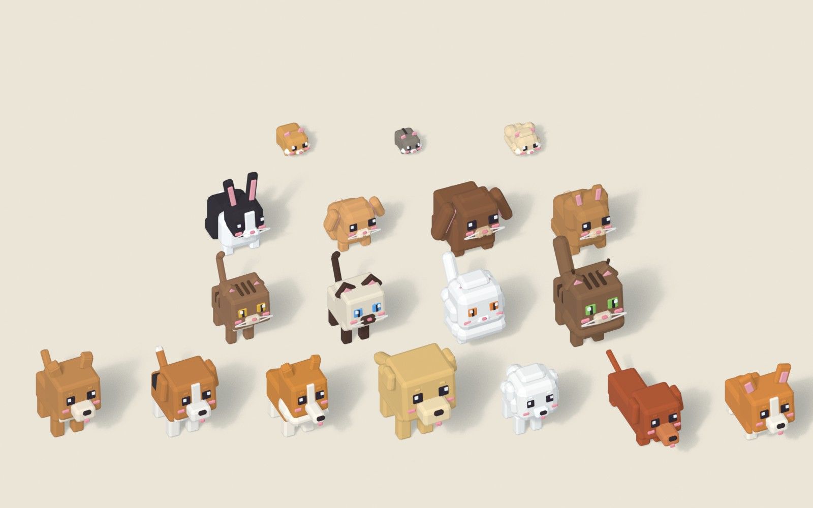 A lineup of the dog, cat, rabbit and hamster breeds